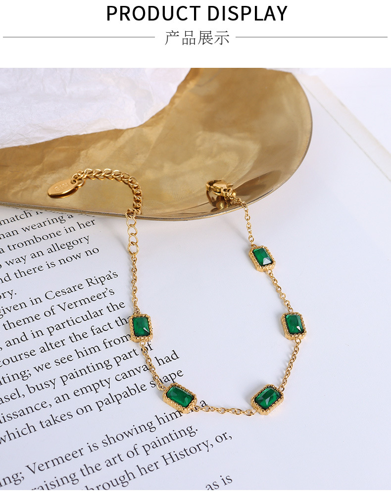 European and American inlaid emerald zircon gold square titanium steel bracelet