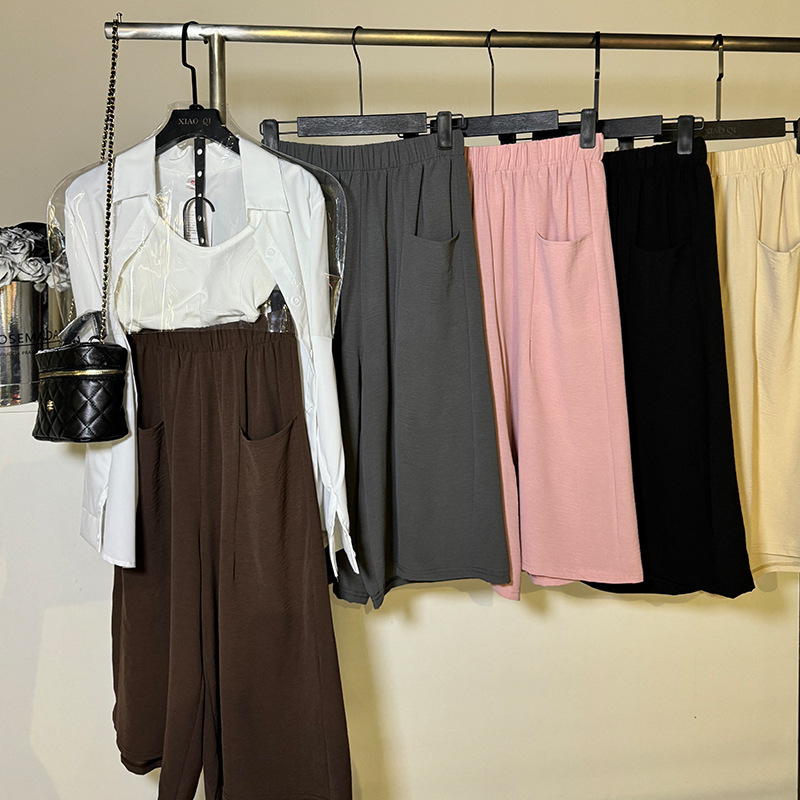 Summer Cropped Pants Women's All-match Ice Silk Wrinkle Slimming Korean Style New Arrival Pleated Casual Pants High Waist Drape Wide Leg Culottes