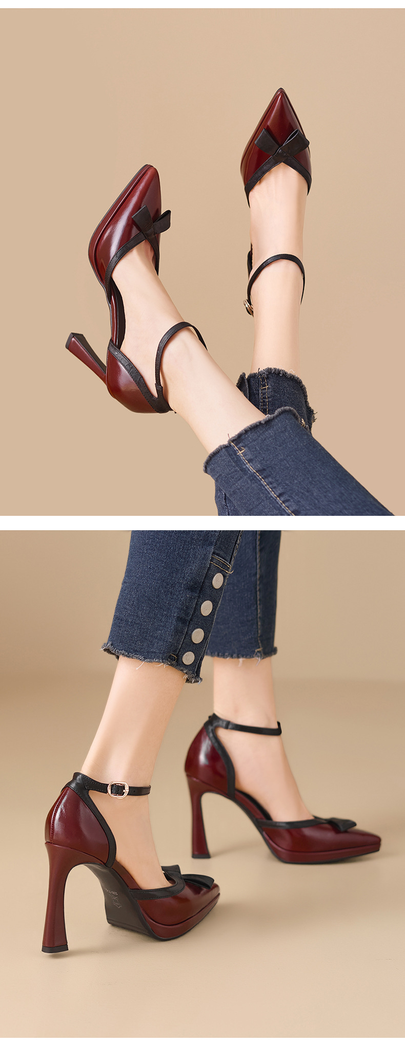 Sandal cao gót nữ phối màu phong cách Chanel, quai một khuy, mũi kín, gót nhọn 9 cm — Rượu vang đỏ, màu trắng ngà chi tiết 8