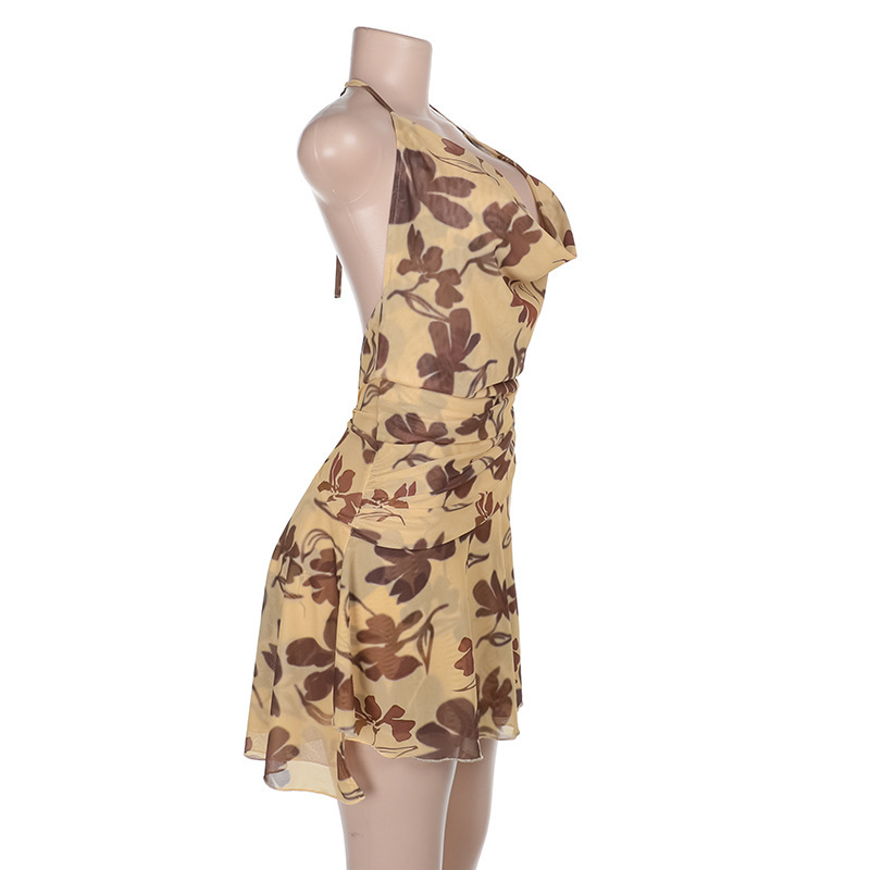 Sexy Pockets Collar Halter Backless Printed Dress Women Vacation Sexy Dress