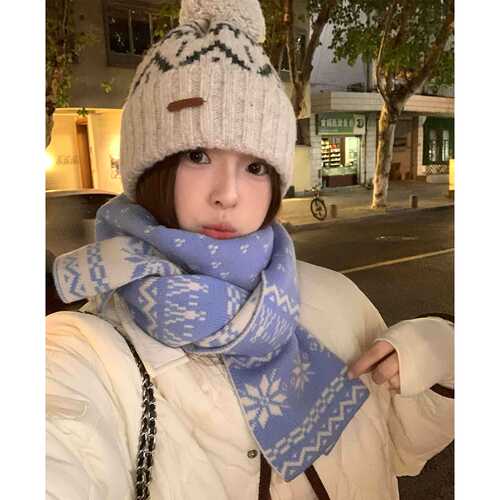 Aesthetic Snowflake Double-Sided Knitted Scarf for Women - Winter New Arrival Korean Style Advanced Feel Thick Warm Scarf for Cold Wave Protection