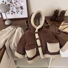 乖~儿童冬季毛毛包边灯芯绒加厚外套中长款男童秋冬连帽风衣