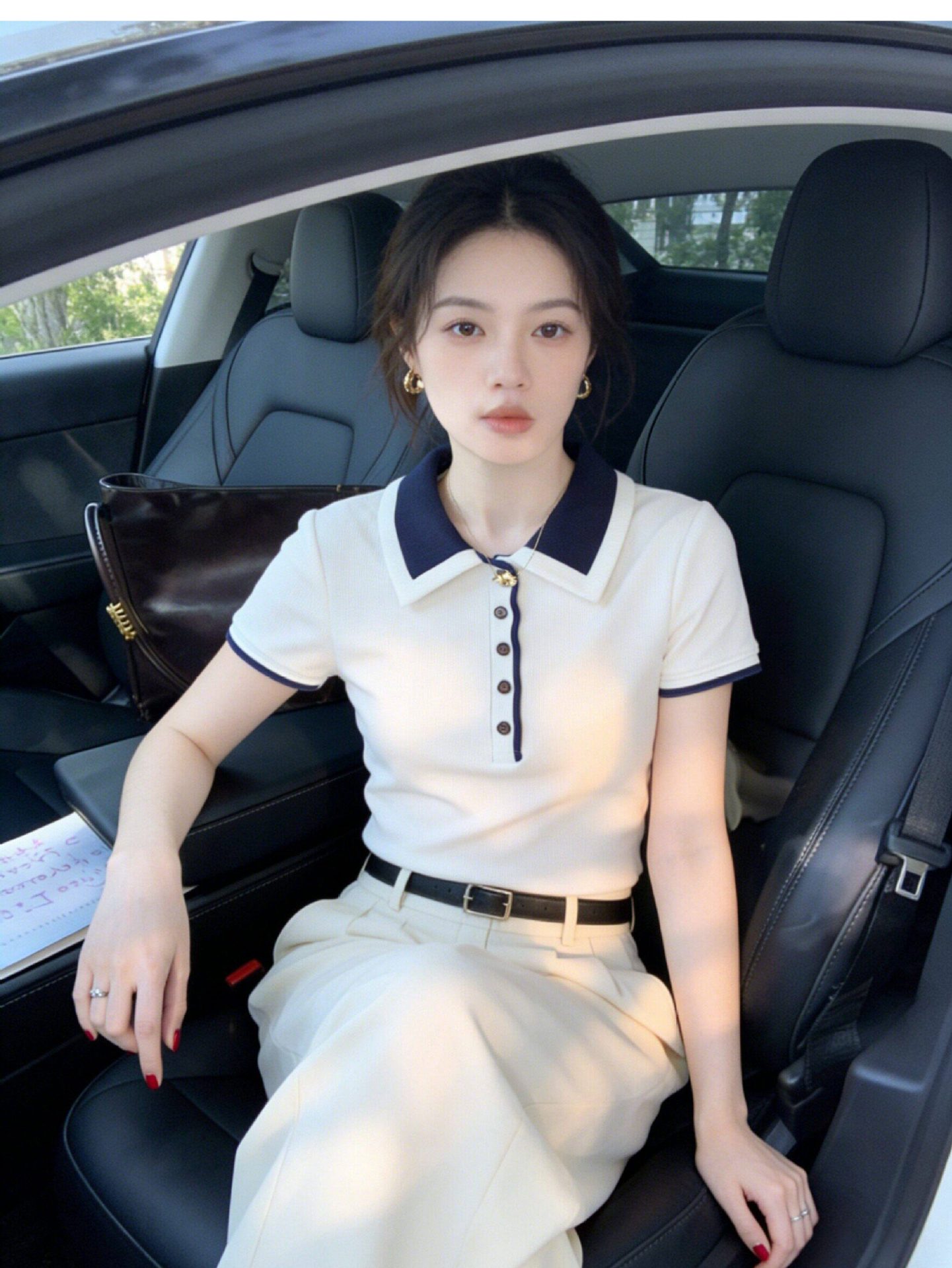 Áo thun polo nữ cổ bẻ tay ngắn dệt kim cài nút form ôm — Màu ảnh chi tiết 6