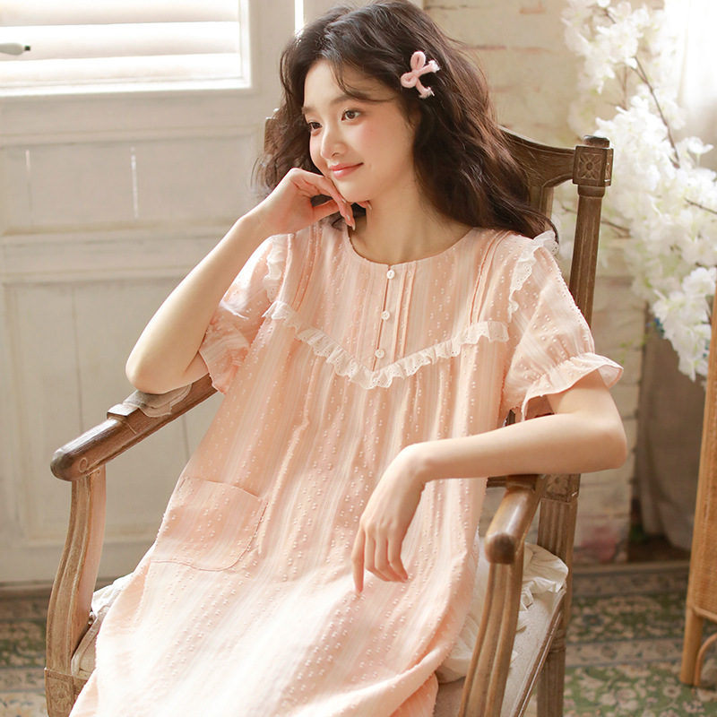 女性用ナイトガウン、夏の純粋な欲望スタイルの半袖夏の新しいパジャマ、純綿ガーゼ、甘い女の子は家着の外でも着用できます