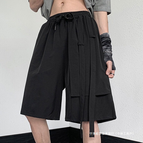 Cross-Border 2025 New Black Bermuda Suit Shorts for Men, Summer American-Style Trendy Brand Pants with Ribbon Design