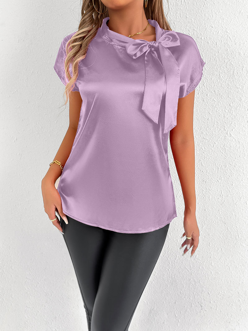 Fotos reales de ropa femenina de Amazon para el mercado europeo y americano, camisetas de seda sintética de verano, blusas de satén para mujer, comercio exterior.
