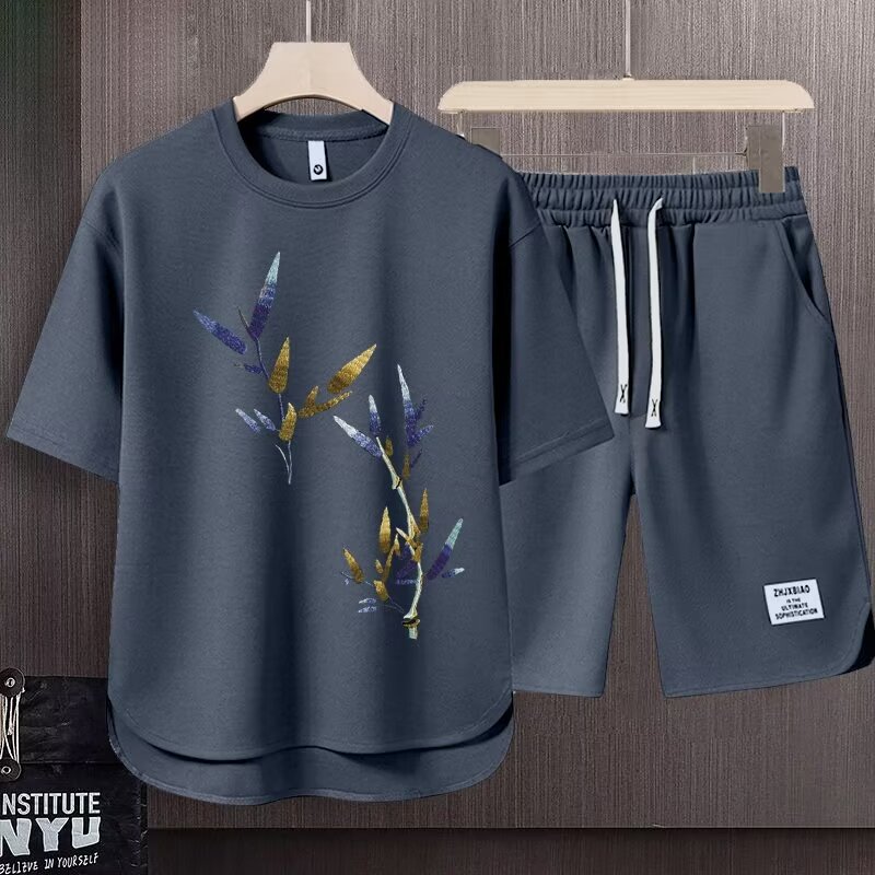 Men's Clothing 2024 Waffle Casual Summer Suit Men's Loose Teen Short sleeved T shirt Shorts Handsome Two piece Suit_voghion.com