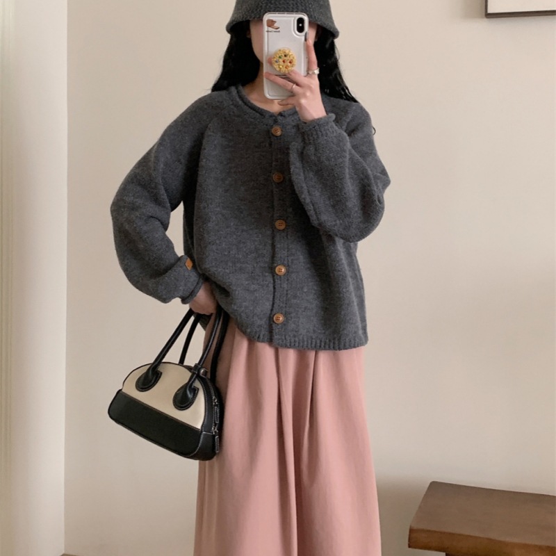 Nuevo estilo coreano de otoño y invierno simple estilo de viento sólido color completo retro cardigan de punto suéter de viento relajado abrigo abrigo image 13