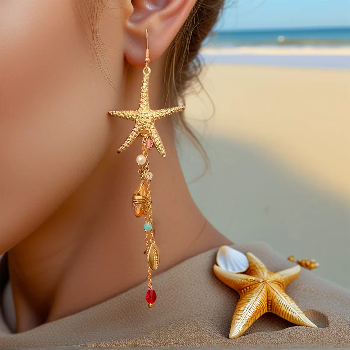 欧美跨境饰品 度假沙滩海星水母合金耳坠 时尚感水晶流苏耳环