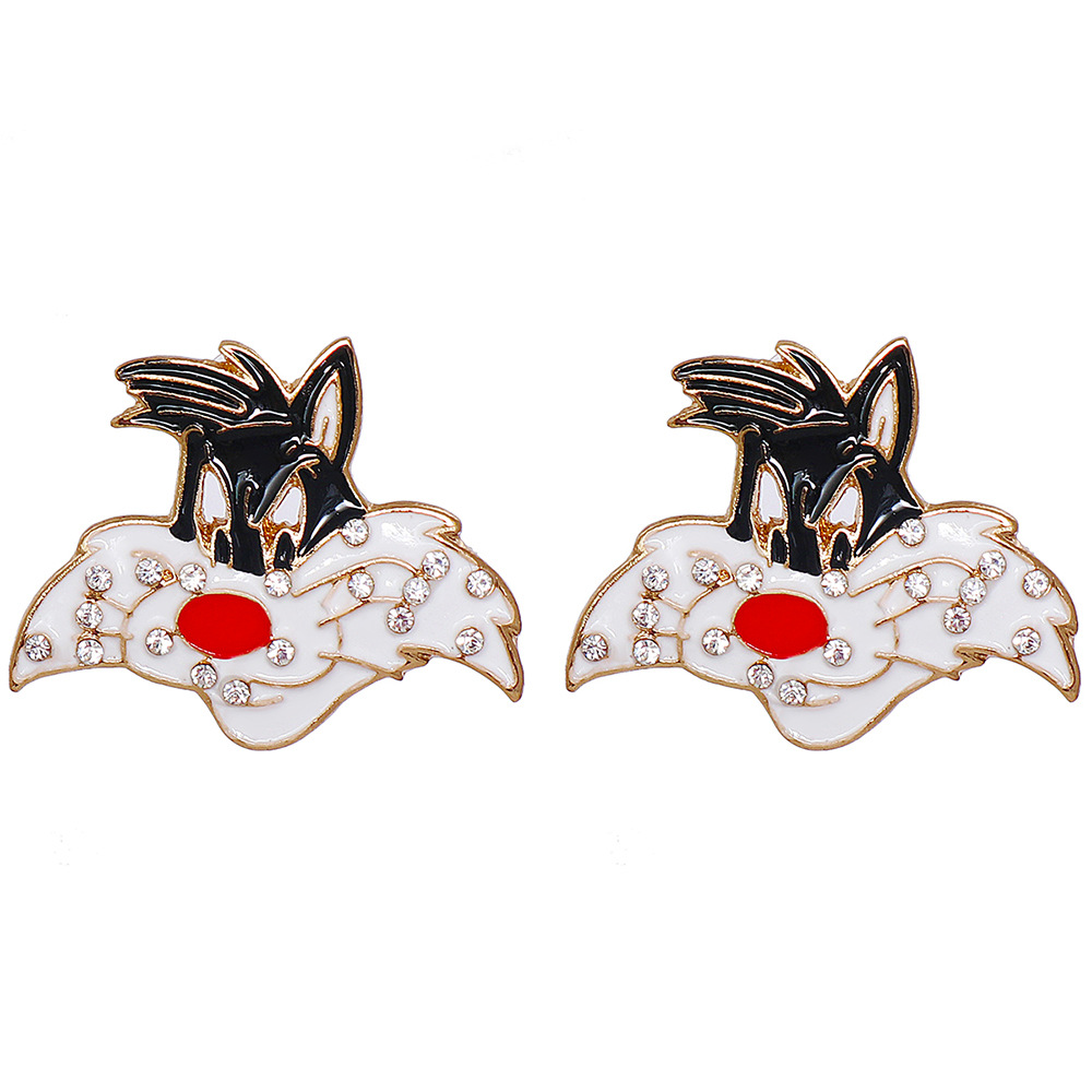 Fashion Black Alloy Diamond Cat Stud Earrings