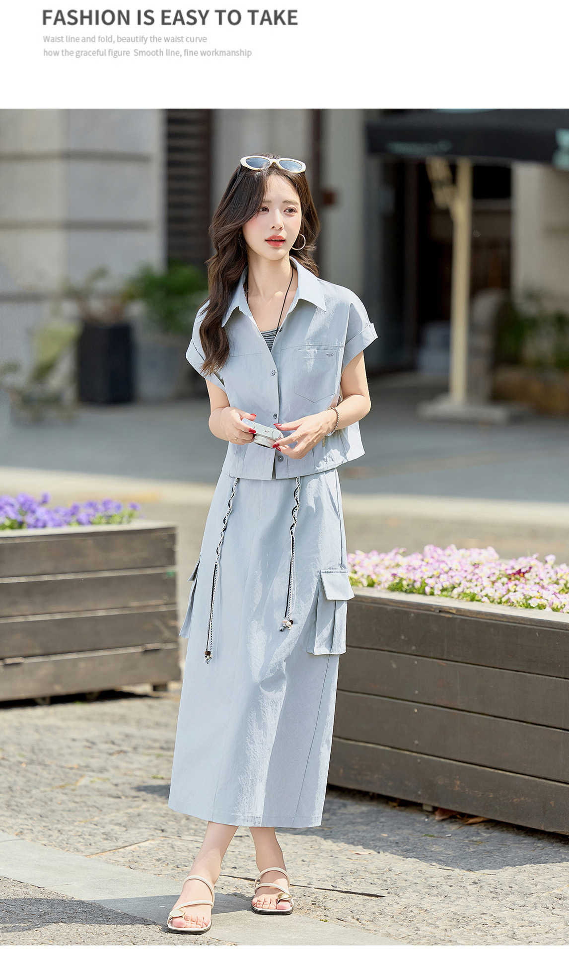 Bộ ba món sơ mi + áo lót + chân váy nữ MJ2618 — màu xanh nhạt, màu xám nhạt chi tiết 25
