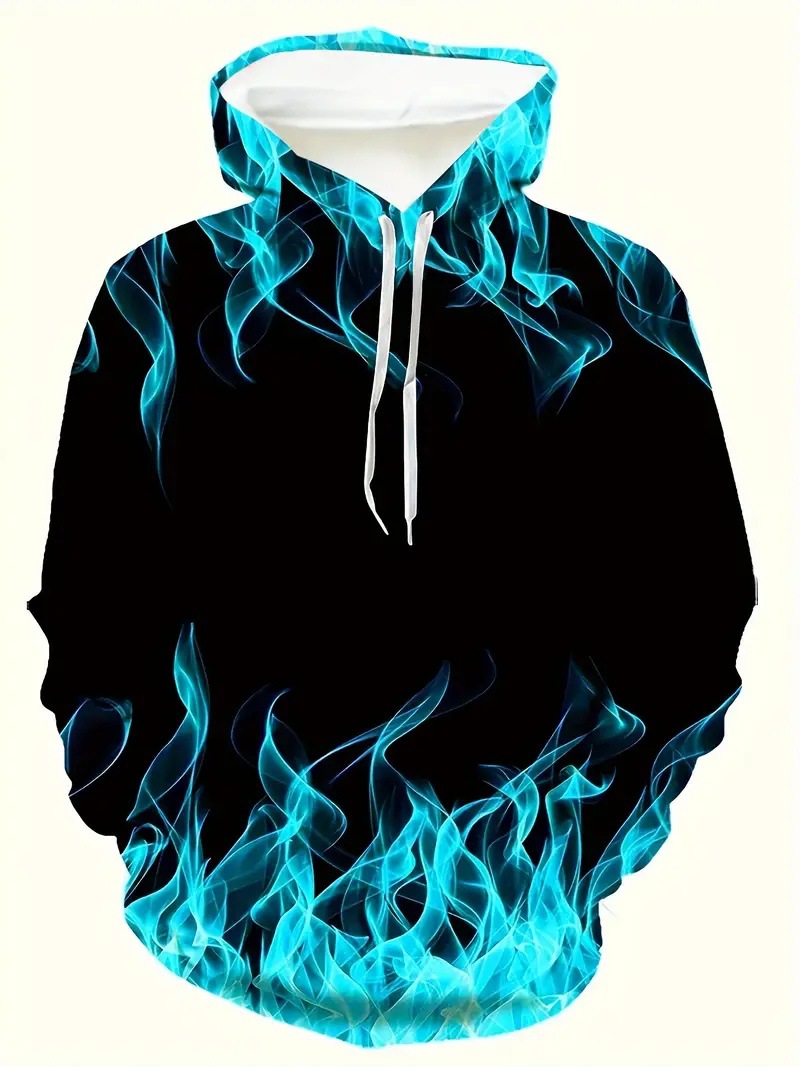 Pull à capuche 3D pour homme, imprimé numérique, motif éclair et flamme, manches longues._voghion.com