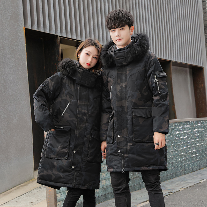 Transfronterizo nueva pareja de mediana longitud sobre la rodilla Chaqueta de plumón para hombre engrosada pato blanco abajo de moda para hombres y mujeres mismo abrigo de moda