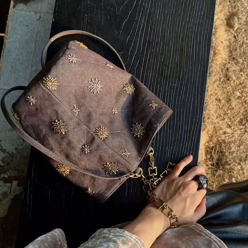 Beaded Embroidery Bucket Bag 2025 Summer Denim Shoulder Bag New Chinese Style Fashion Versatile Crossbody Bag Women's Small Bag