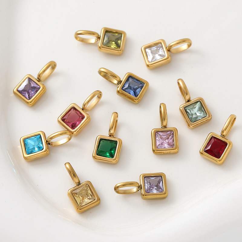 Popular Stainless Steel Colorful Square Birthstone Pendants for DIY Necklaces and Bracelets Accessories in Europe and America