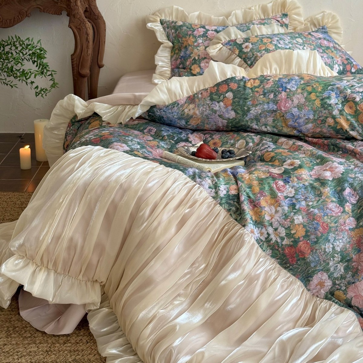 Dream Flower Qiqi︱French Retro Oil Painting Style Pure Cotton Long-Staple Cotton Four-Piece Set Pure Cotton Glazed Gauze Quilt Cover Bedding