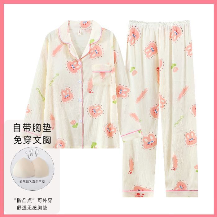 Nube de algodón pijama de primavera y otoño dulce dibujos animados con cojín de pecho cardigan de manga larga pantalones largos dos piezas de ropa de hogar