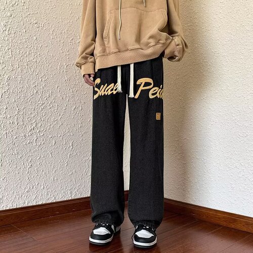 American Street Pop Letter Denim Jeans for Men - Spring and Autumn New Streetwear Loose Straight Leg Wide Leg Long Pants