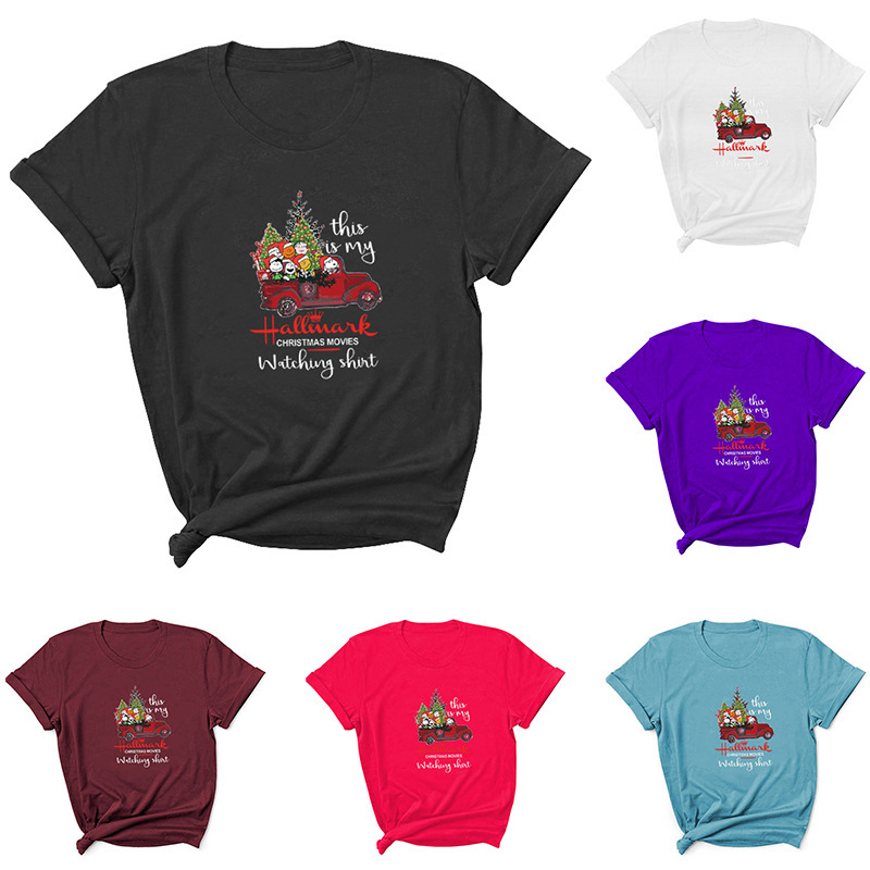 Christmas Truck Merry Christmas Pattern Printed Short Sleeve Crewneck T-Shirt Europe and America Amazon Cross Border