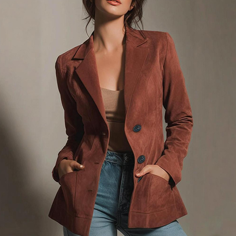 Ln1672 In-Stock 2025 European and American Cross-Border New Women's Fashion Autumn Long-Sleeve Suede Blazer