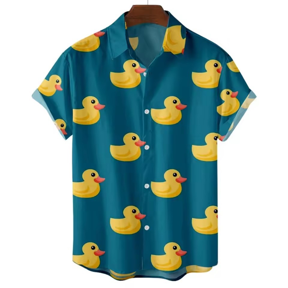 2024 venta caliente piscina patito amarillo dibujos animados animal estampado 3D hombre vacaciones hawaiano camisa de manga corta con botones
