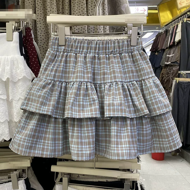 Юбка в клетку больших размеров, короткая юбка, новинка 2025 года, толстая мм, юбка-тортик с высокой талией, утягивающая фигуру и прикрывающая тело, пышная, в стиле ins