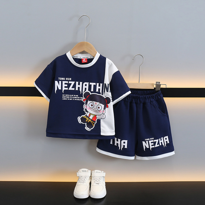 7928 traje de verano para niños 2025 nuevo traje de dos piezas de manga corta de dibujos animados para niños ropa delgada de verano para bebés de moda