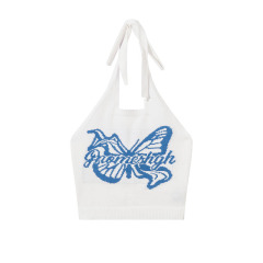 TKPA American Style Spicy Girl Summer Dopamine Straps Top Women's Summer Butterfly Embroidered Short Sleeveless Backless V-Neck Tank Top