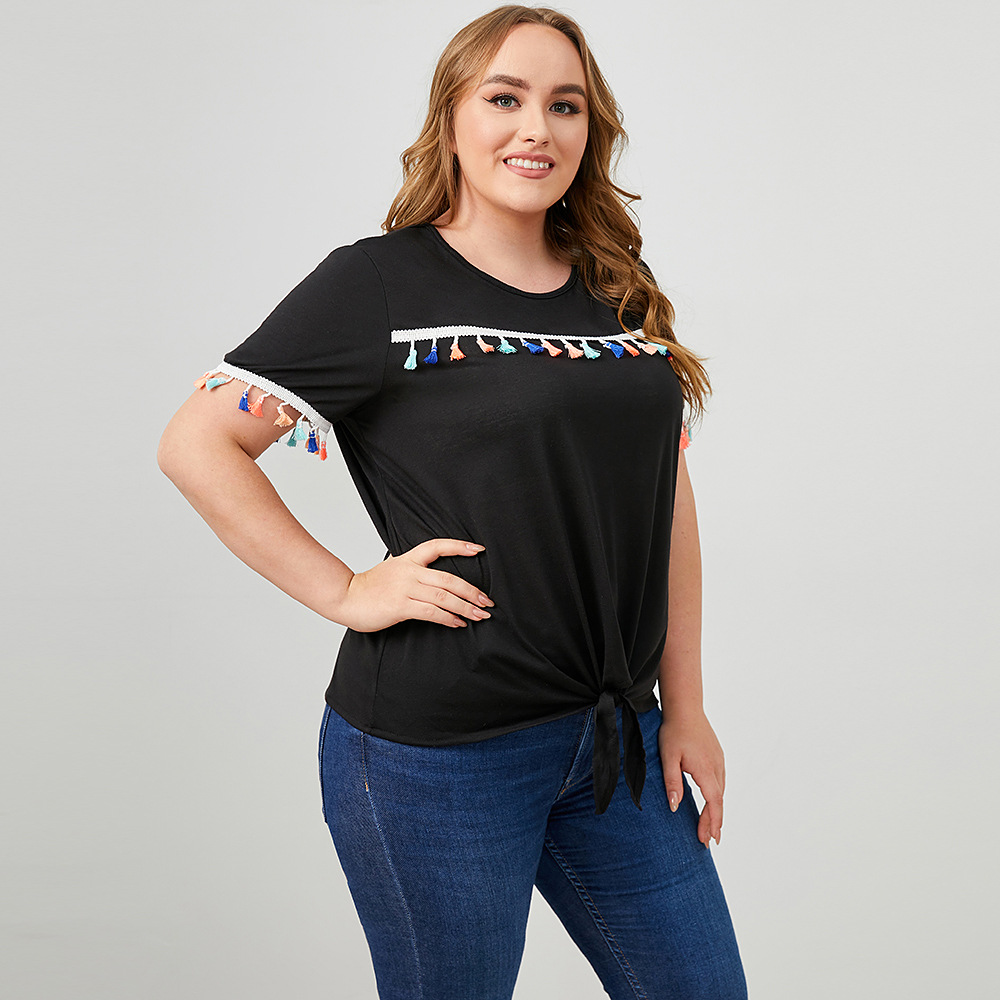 Plus Size Round Neck Short Sleeve Solid Color Lace-Up Tassel T-Shirt NSWCJ112804