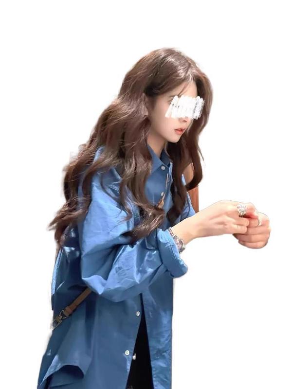 韩系感蓝色衬衫外套女夏季宽松长袖气质超好看慵懒风衬衣上衣|undefined