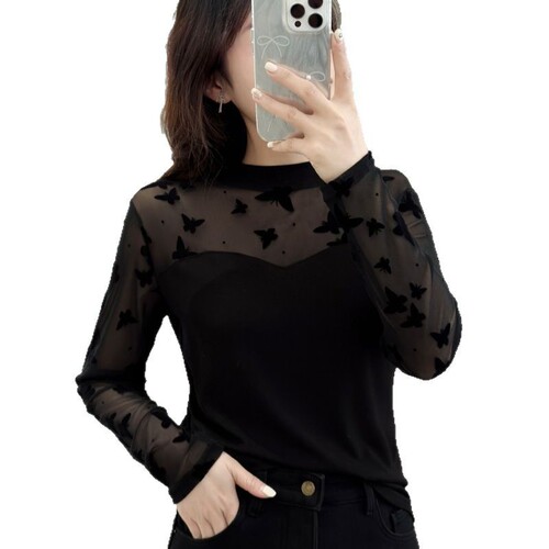 2026 New Spring Butterfly Mesh Spliced Base Shirt Long-Sleeved T-Shirt for Women, Plus Size, Slimming, Body-Slimming Top