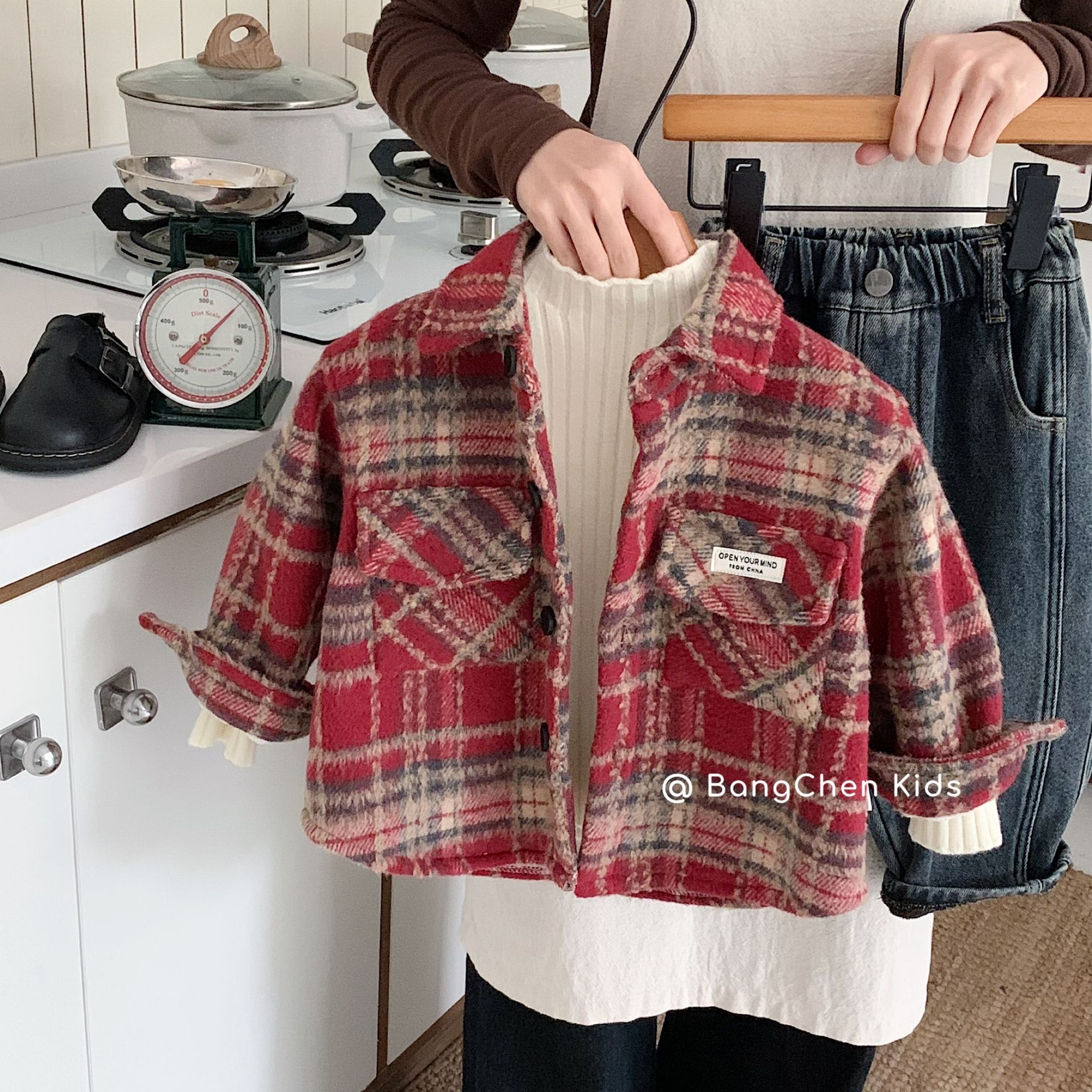 children‘s shirt bangcheng 2024 winter new retro plaid shirt boy versatile lapel with velvet shirt g0675