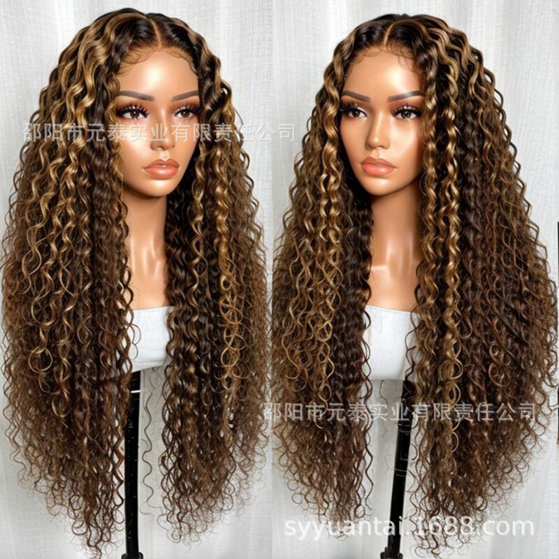 Cross-Border Hot-Selling Lace Front 13X4 High-Gloss Mixed Color Kinky Curly Small Curly Hand-Crocheted Long Curly Wig Hair Set L