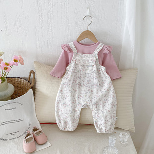Dianxi Spring and Autumn 2022 New Baby Girl Jumpsuit Baby Bottoming Shirt Floral Overalls Two-Piece Set