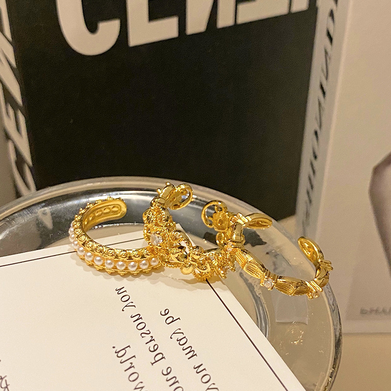 中古微閃鳶尾花排鋯圓珠鑲鑽戒指女小眾設計食指戒輕奢高級感指環