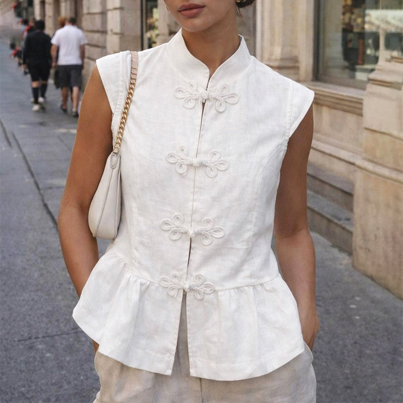 2026 Spring/Summer New Cotton and Linen Chinese Style Button Vest Small Stand Collar Slim Fit Ruffle Top for Women