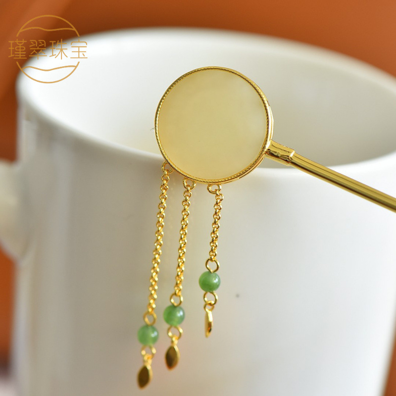 Jade Pendant Old Material S925 Silver Inlaid with Hetian Jade Round Flat Enamel Tassel Hairpin Simple Genuine Versatile Chinese Classy