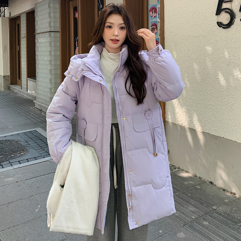 Moda transfronteriza de pluma media y larga mujer 2025 invierno nuevo algodón grueso abrigo de invierno con capuzas cálidas