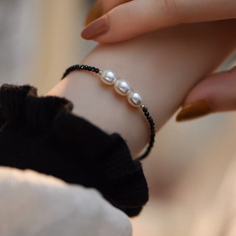 Extremely Fine 2mm Black Spikelet Crystal Design Crystal Natural Strong Light Freshwater Pearl Black Butterfly Bean Cat Sterling Silver Bracelet