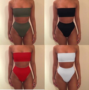Amazon AliExpress spring and summer sexy solid color tube chest split two-piece swimsuit factory direct