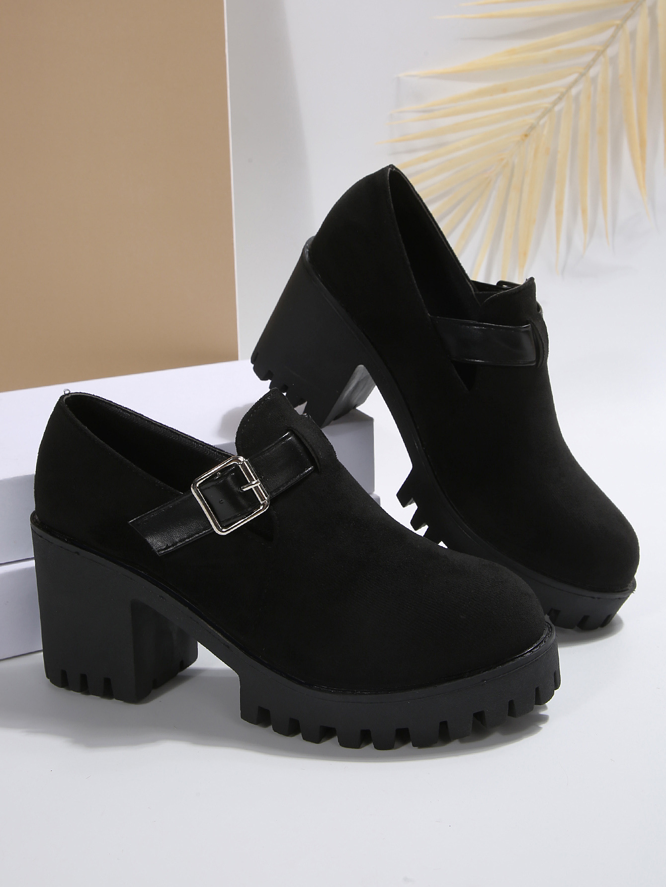 Damen Pumps Mit Blockabsatz Und Schnalle Aus Wildleder Für Damen_voghion.com