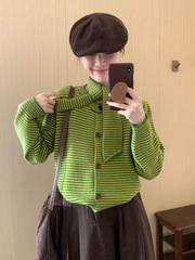 复古条纹撞色圆领毛衣外套女围巾秋冬新款宽松简约针织开衫女上衣