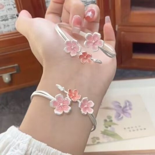 Sweet Bracelet, New Chinese Style Smudged Pink Peach Blossom Bracelet, Niche Light Luxury Retro Versatile Bracelet, Jewelry Bracelet