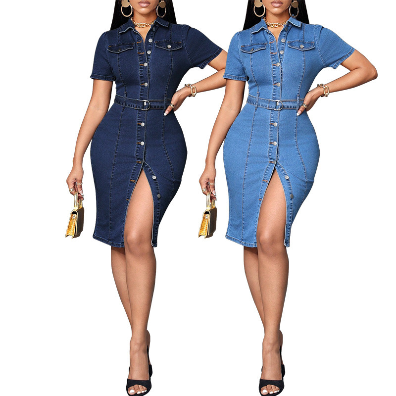 218733 Cross-Border Women's Clothing European and American Elastic Mid-Length Retro Slim Fit Buttoned Hip-Covering Denim Dress Direct Sale 218733 Cross-Border Women's Clothing European and American Elastic Mid-Length Retro Slim Fit Buttoned Hip-Covering Denim Dress Direct Sale