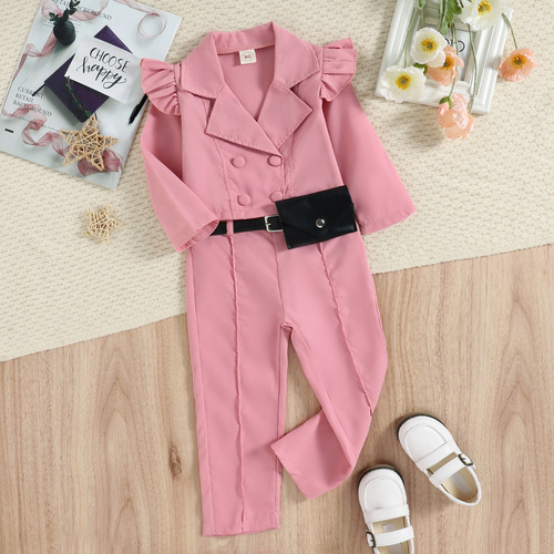 Baoxin Children's Clothing Factory Cross-border Autumn New Girls' Korean Style Casual Suit Collar Tops Trousers with Waist Bag Set