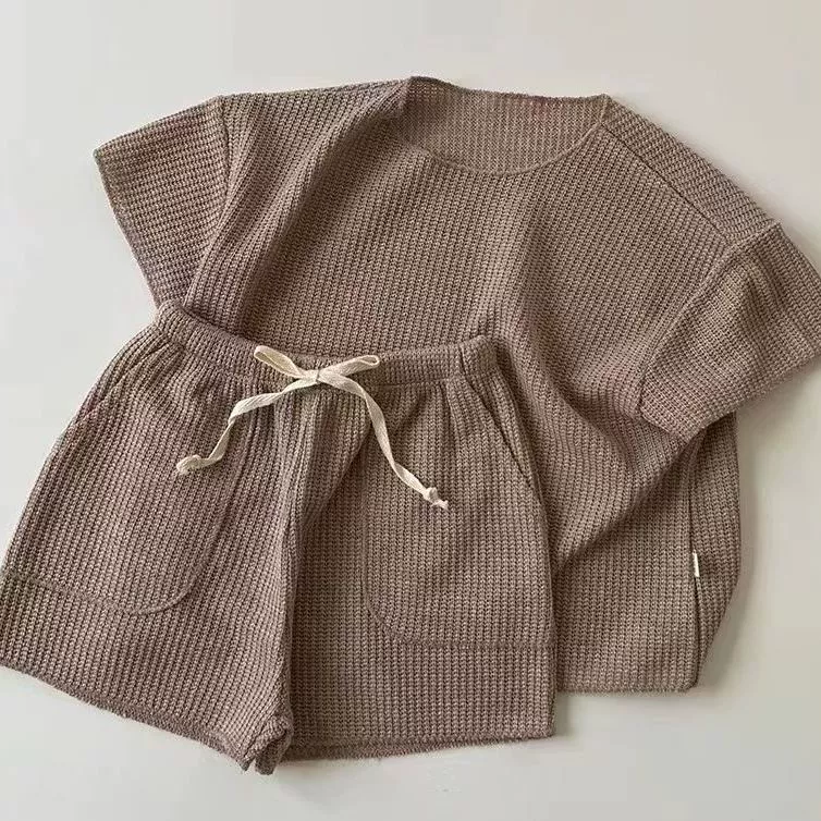 Пижама для отдыха, комплект, вязаный спортивный костюм, корейский стиль, детская одежда, с коротким рукавом, семейный комплект