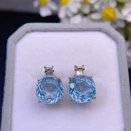 天然托帕石耳钉全净体品质火彩超赞，主石尺寸：10mm，925银精工