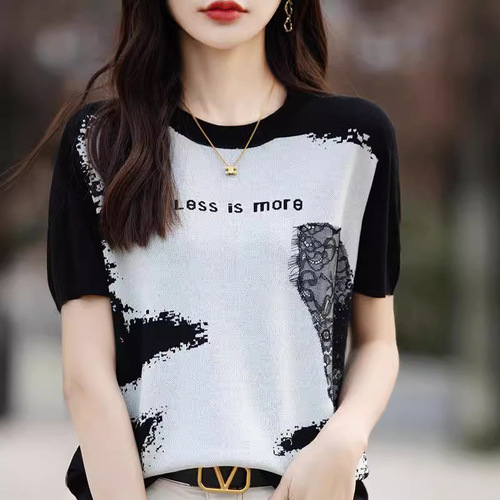 Silk-Spandex Selar Knit T-Shirt with Letter Art Embroidery Short-Sleeve Summer Chinese Loose-Fitting Slimming Top