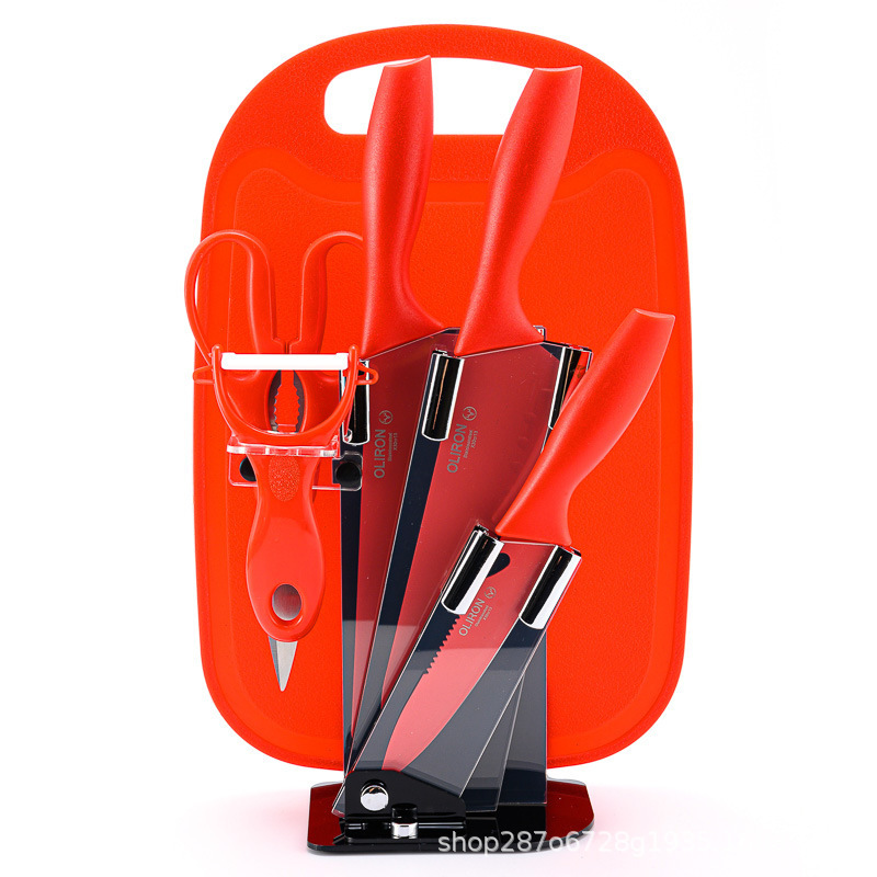 Cuchillo rojo de 7 piezas con tabla de cortar