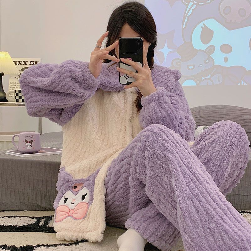 Otoño y invierno pesado abrigo pijama de mujer manga larga pantalones largos sueltos coral terciopelo dibujos animados ropa de casa damas terciopelo conjunto